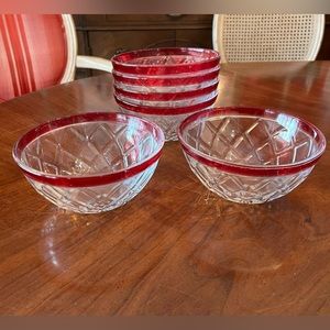 6 -Indiana Clear Glass Geometric Lattice Ruby Flash Banded Serving Bowls
